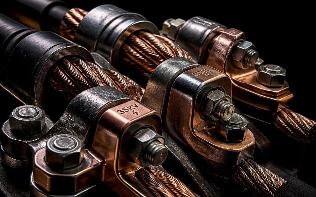 Close up of heavy electrical cables and clamps